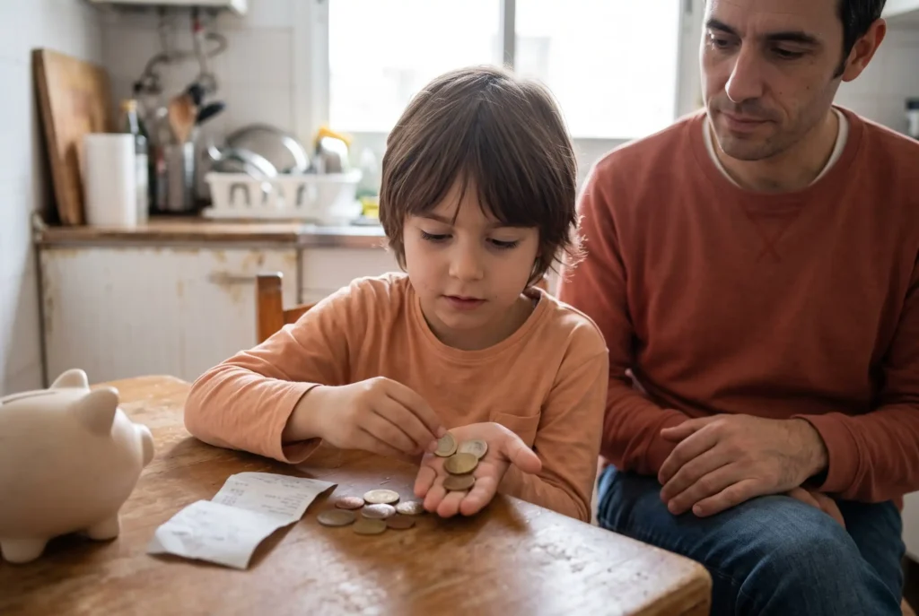 Un padre y su hijo pequeño sentados a una mesa de cocina de madera rústica, contando monedas de euro juntos. El niño mira atentamente el dinero en su mano mientras el padre observa. Al fondo se ve una cocina realista y junto a ellos una hucha rosa.