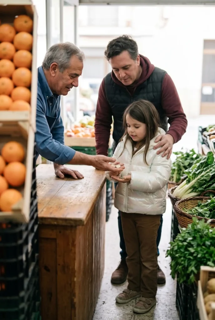Niña pagando fruta en el mercado mientras recibe educación financiera
